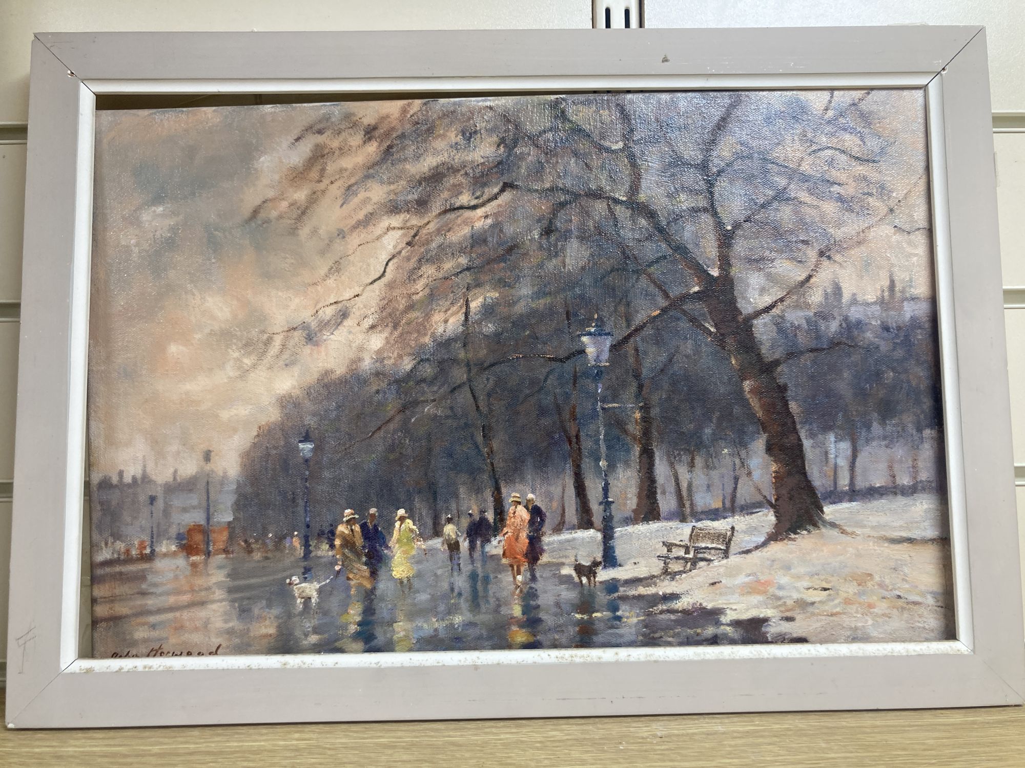 John Horwood (b. 1934), oil on canvas, Winter park scene with figures, signed, 29 x 44cm